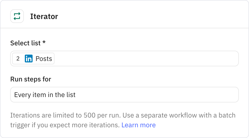 Relay.app screenshot of: Iterator
