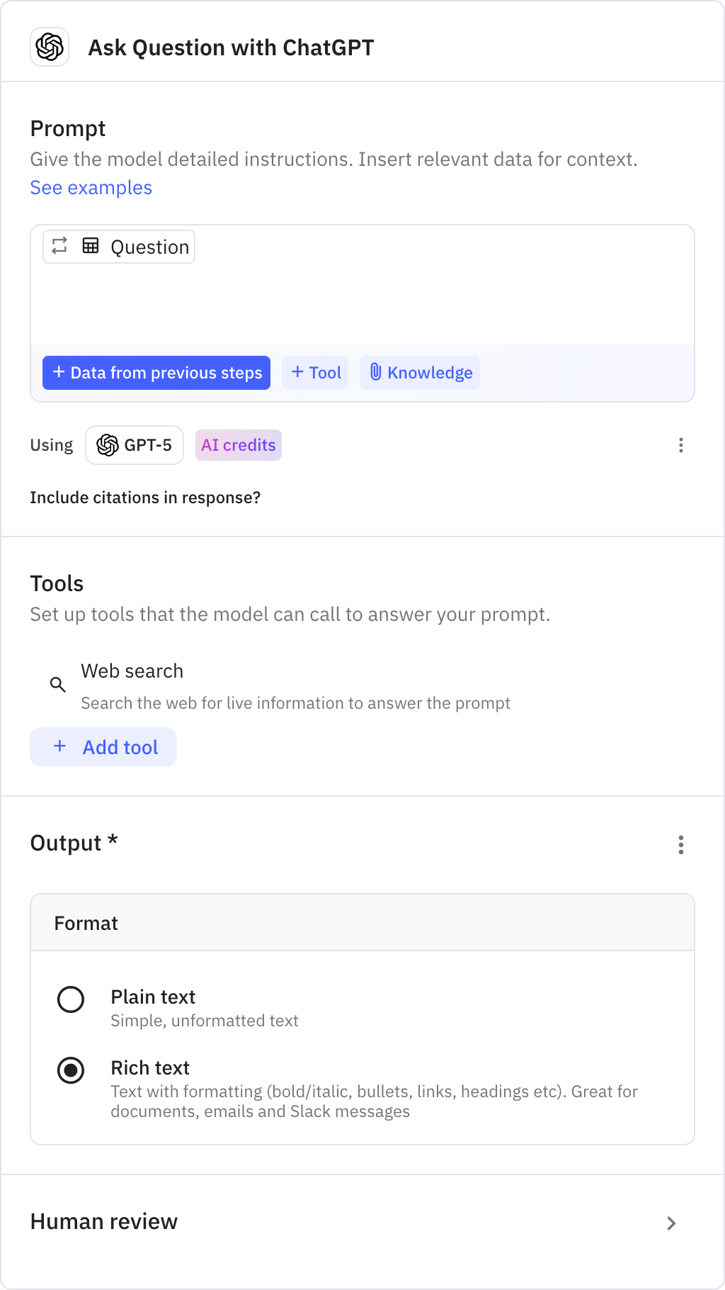 Relay.app screenshot of: Ask Question with ChatGPT