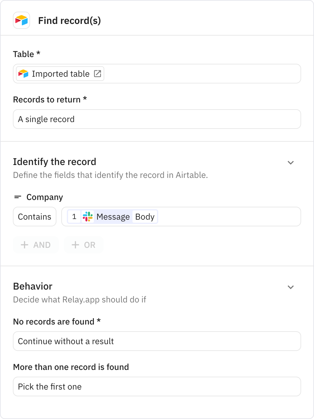 Relay.app screenshot of: Find record(s)