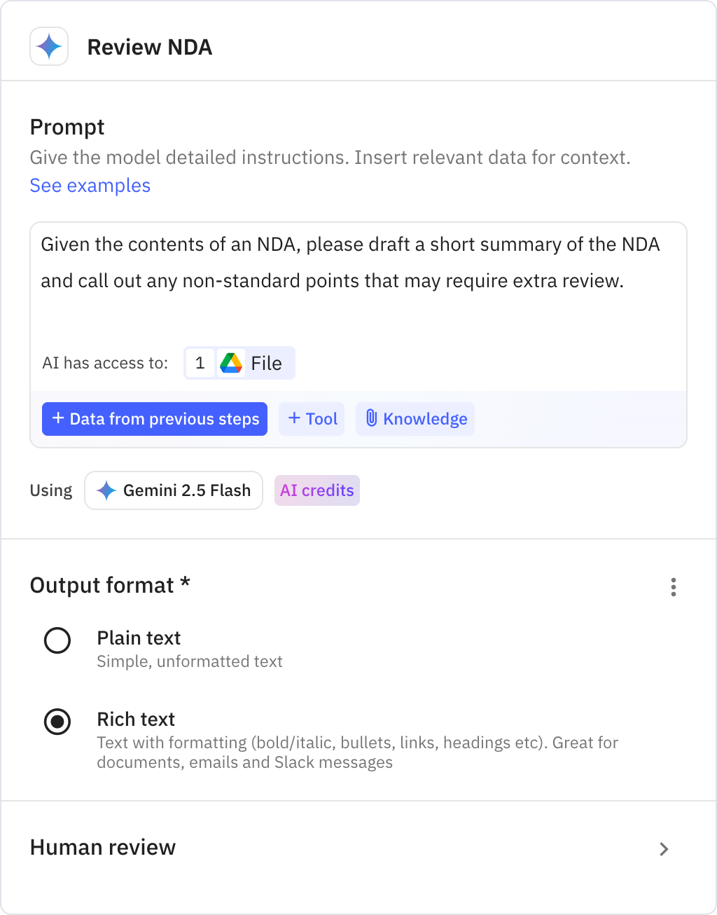 Relay.app screenshot of: Review NDA