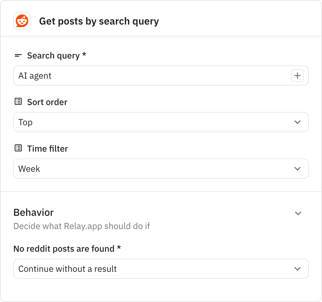 Relay.app screenshot of: Get posts by search query