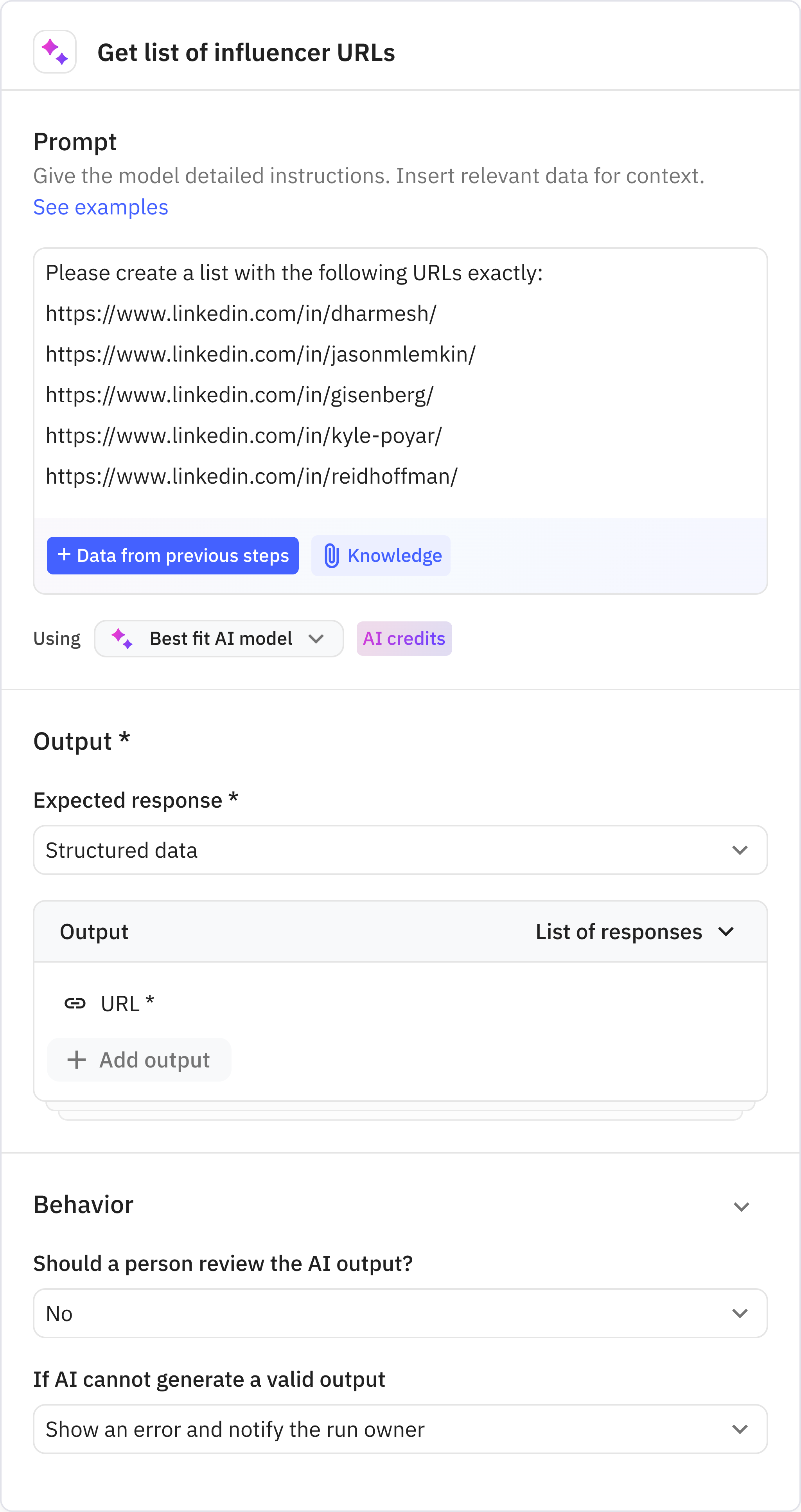 Relay.app screenshot of: Get list of influencer URLs