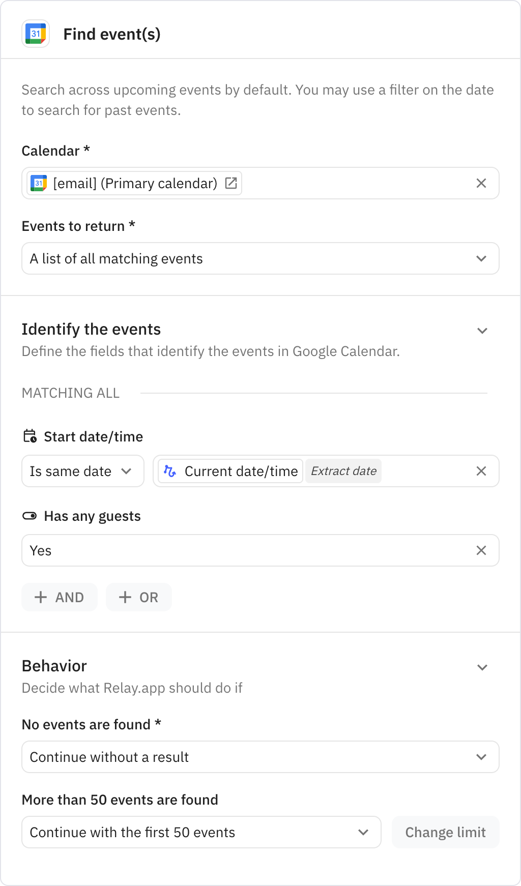 Relay.app screenshot of: Find event(s)