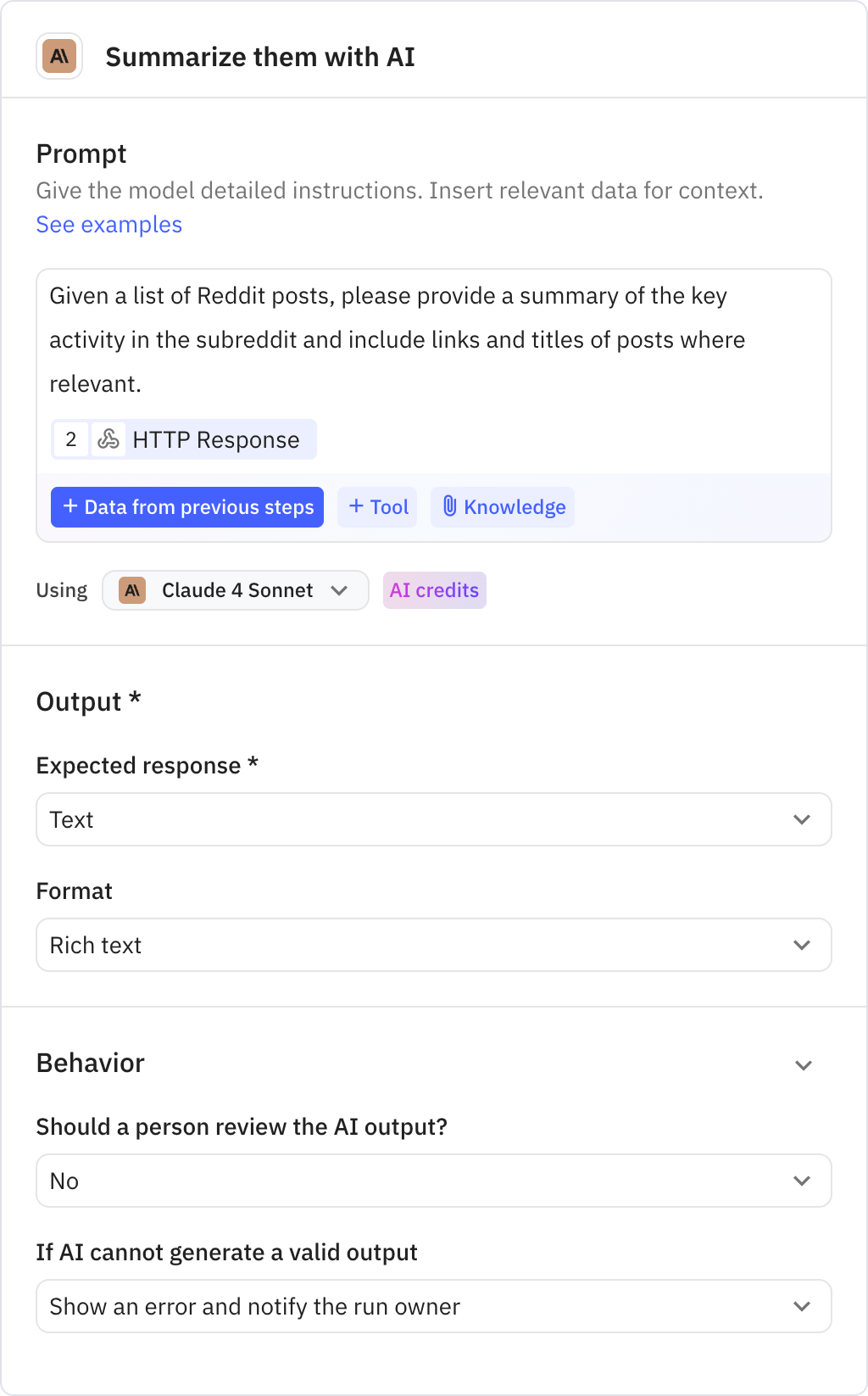 Relay.app screenshot of: Summarize them with AI
