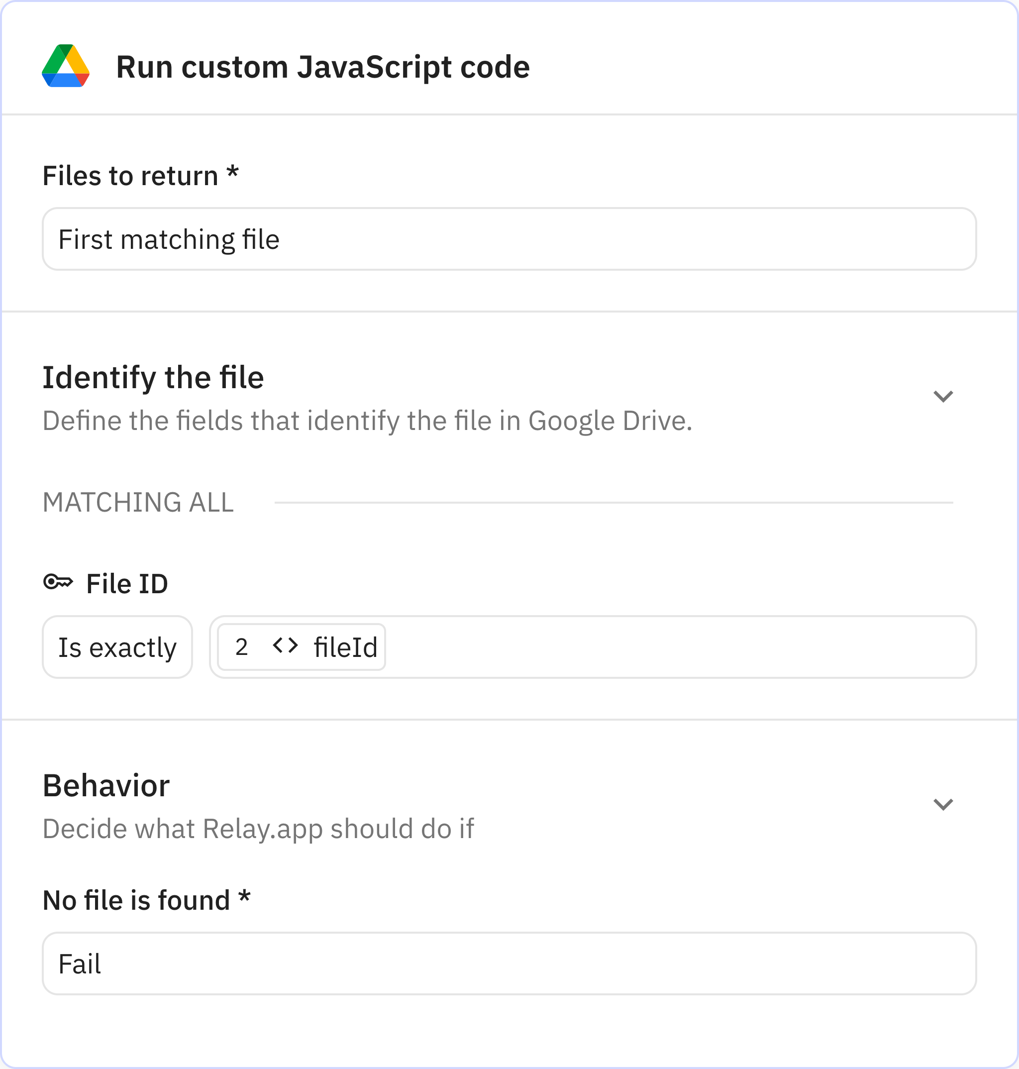 Relay.app screenshot of: Find file(s)