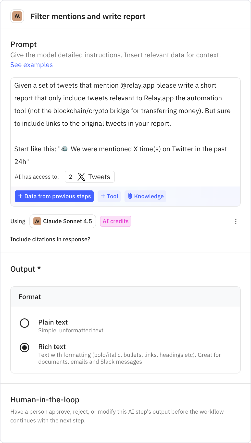 Relay.app screenshot of: Filter mentions and write report