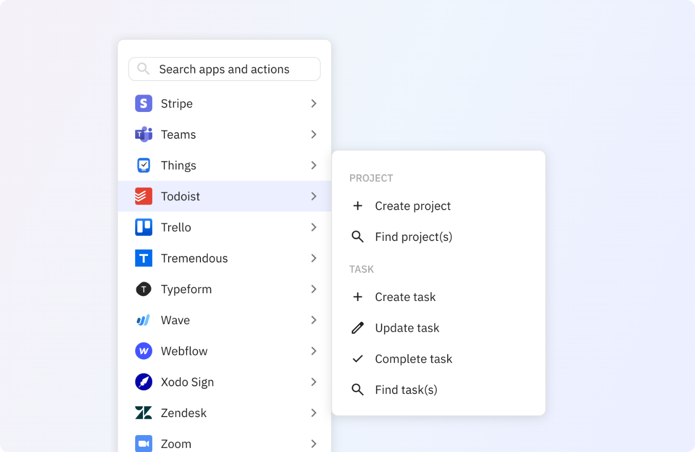 Preview of Use any of these Todoist actions in your Relay.app workflows.