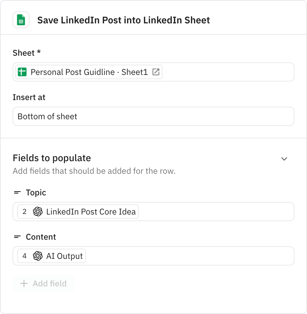 Relay.app screenshot of: Save LinkedIn Post into LinkedIn Sheet