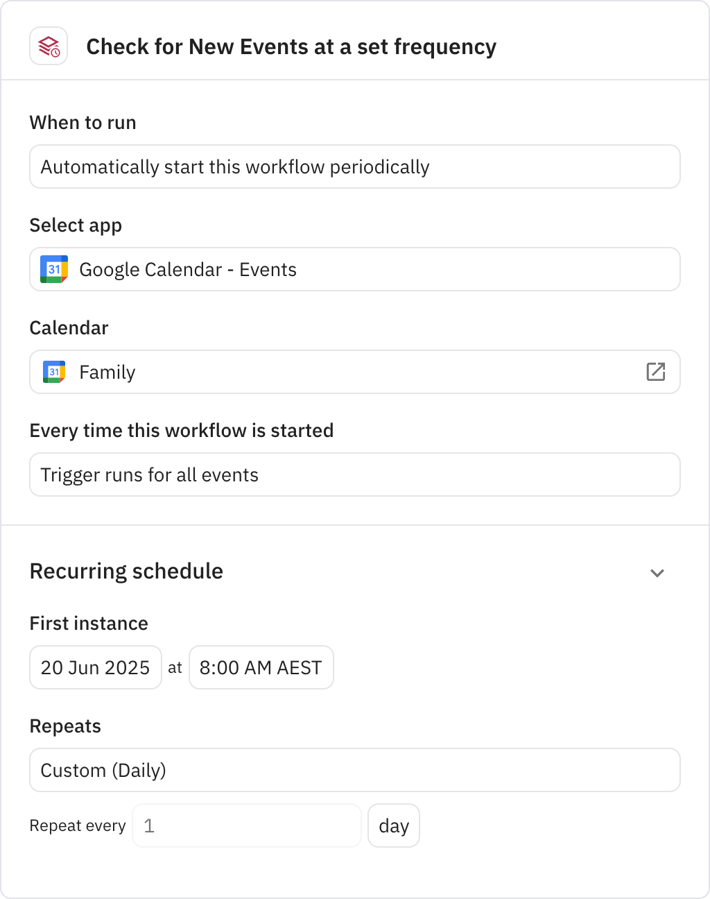 Relay.app screenshot of: Check for New Events at a set frequency