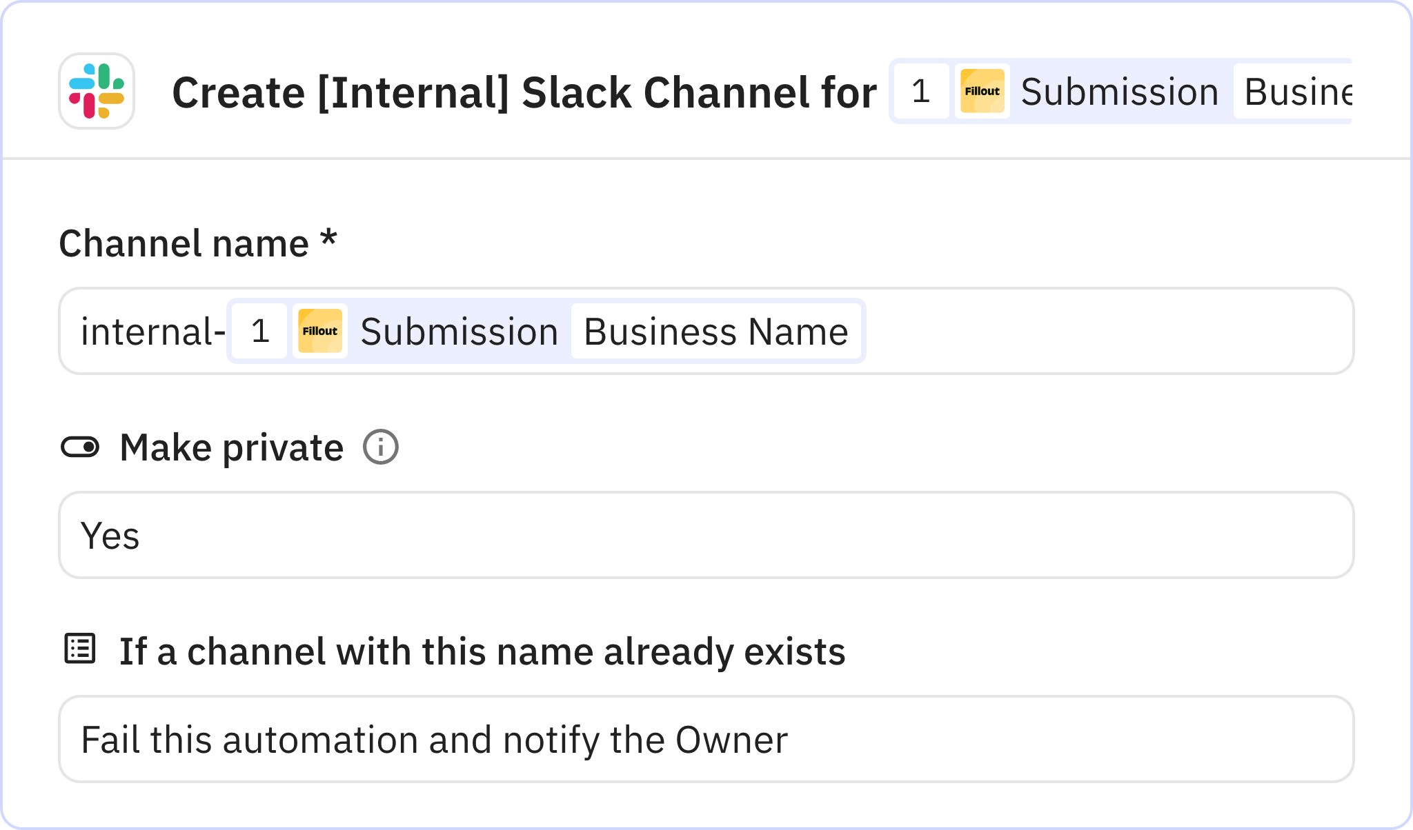Relay.app screenshot of: Create [Internal] Slack Channel for 