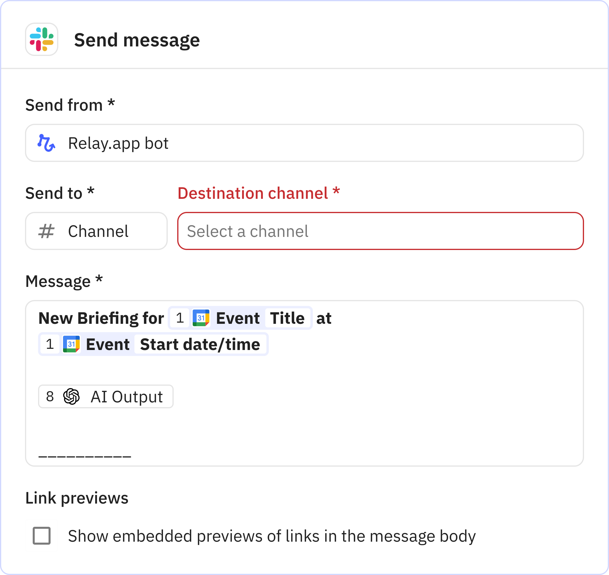 Relay.app screenshot of: Send message