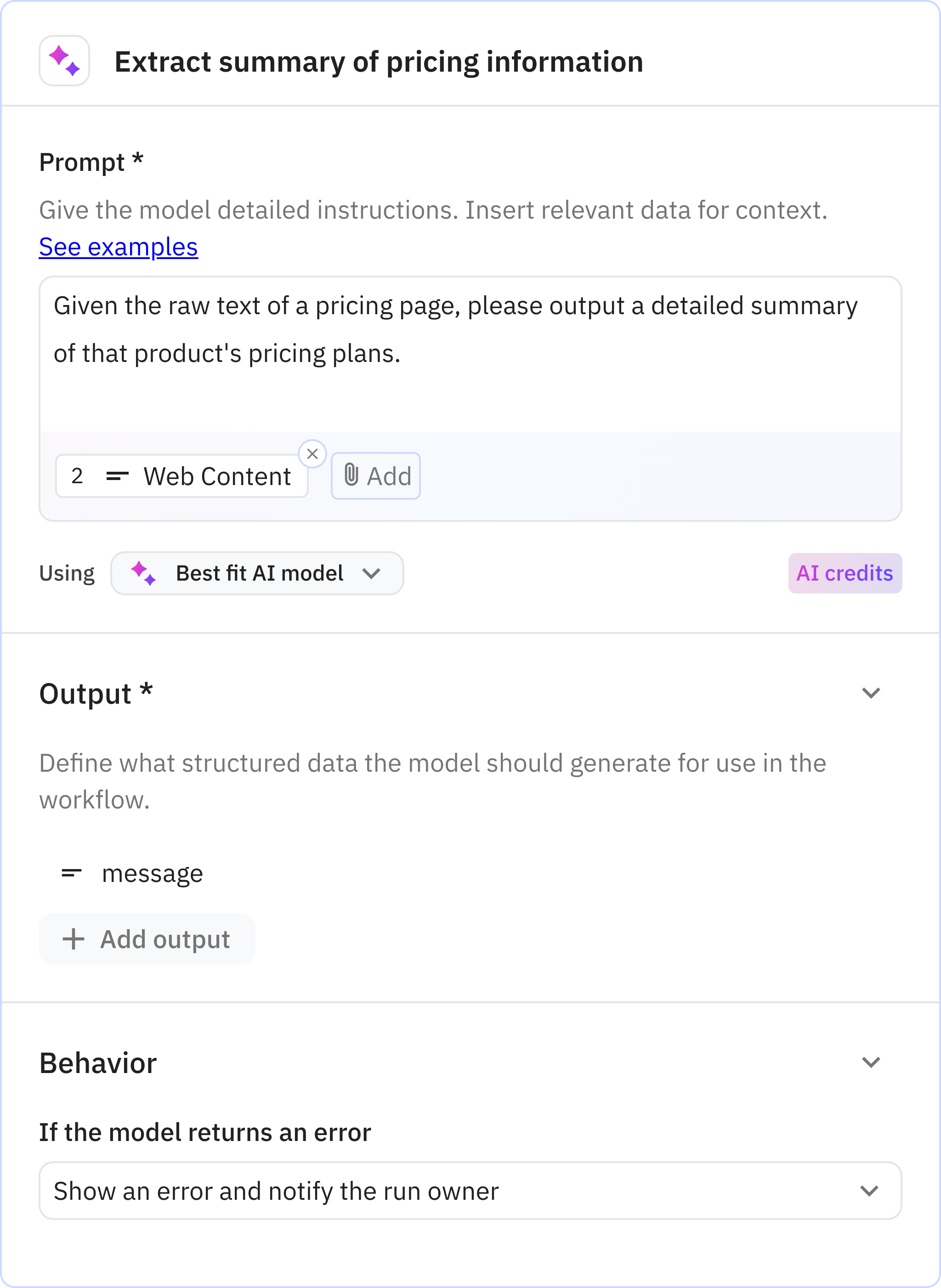 Relay.app screenshot of: Extract summary of pricing information