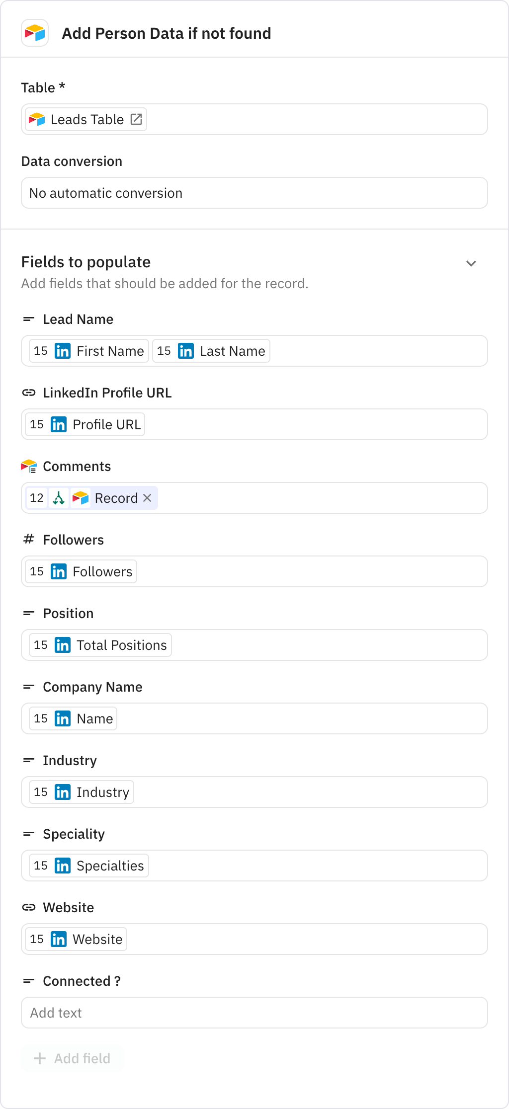 Relay.app screenshot of: Add Person Data if not found