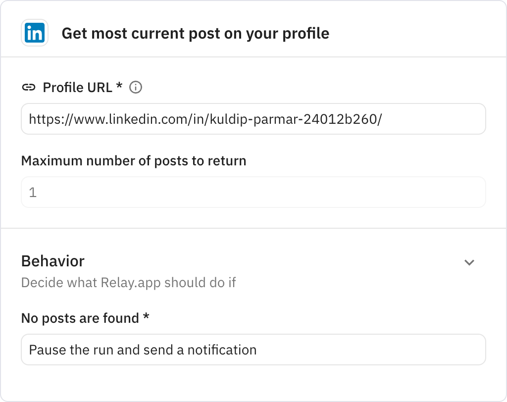 Relay.app screenshot of: Get most current post on your profile