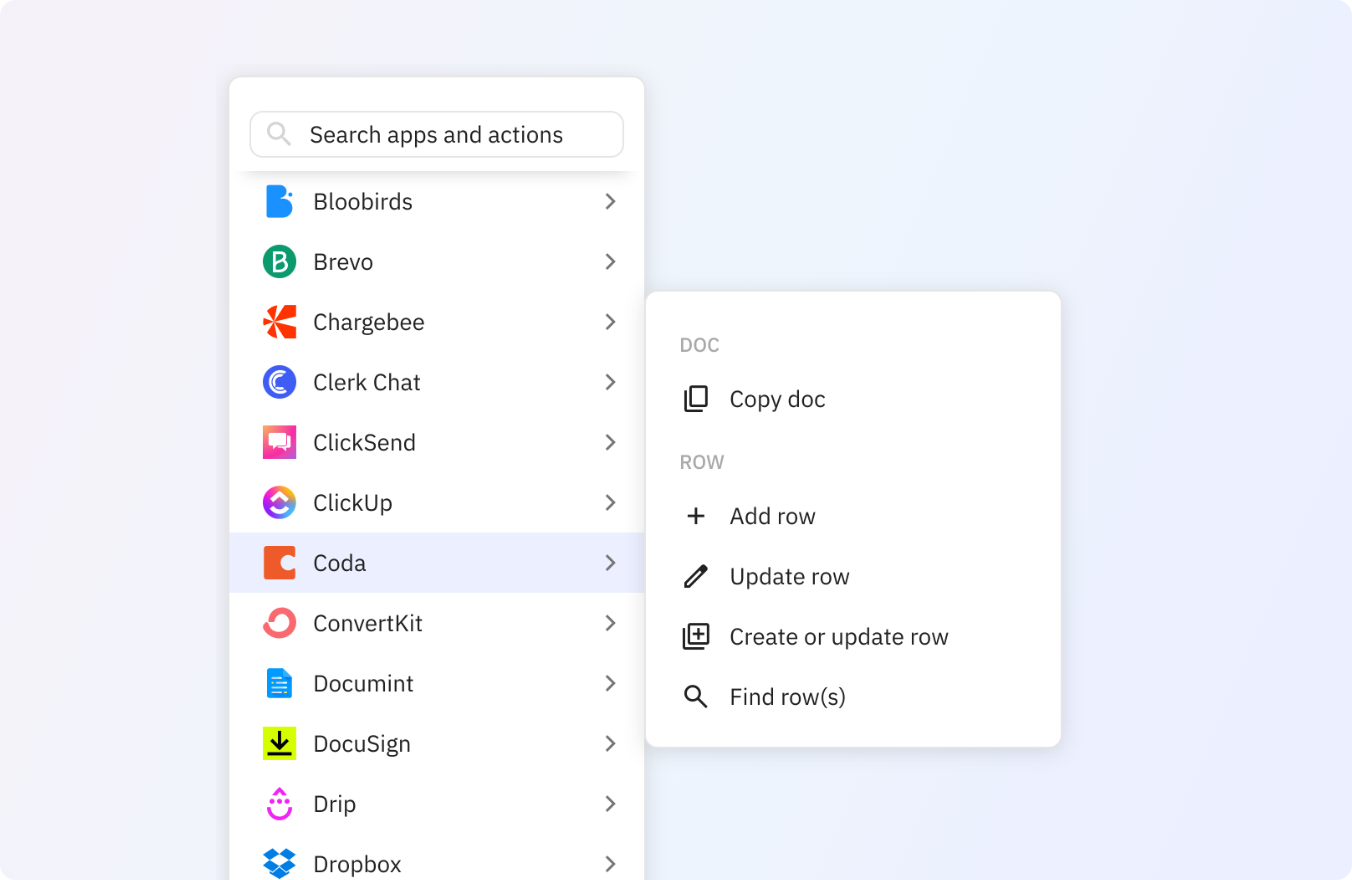 Preview of Use any of these Coda actions in your Relay.app workflows