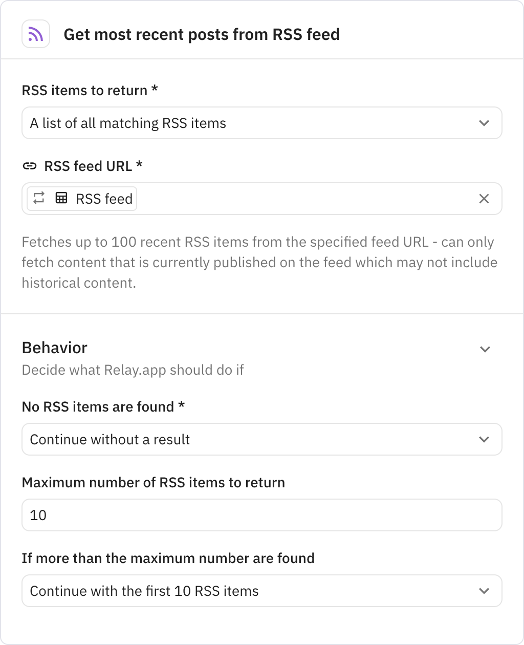Relay.app screenshot of: Get most recent posts from RSS feed