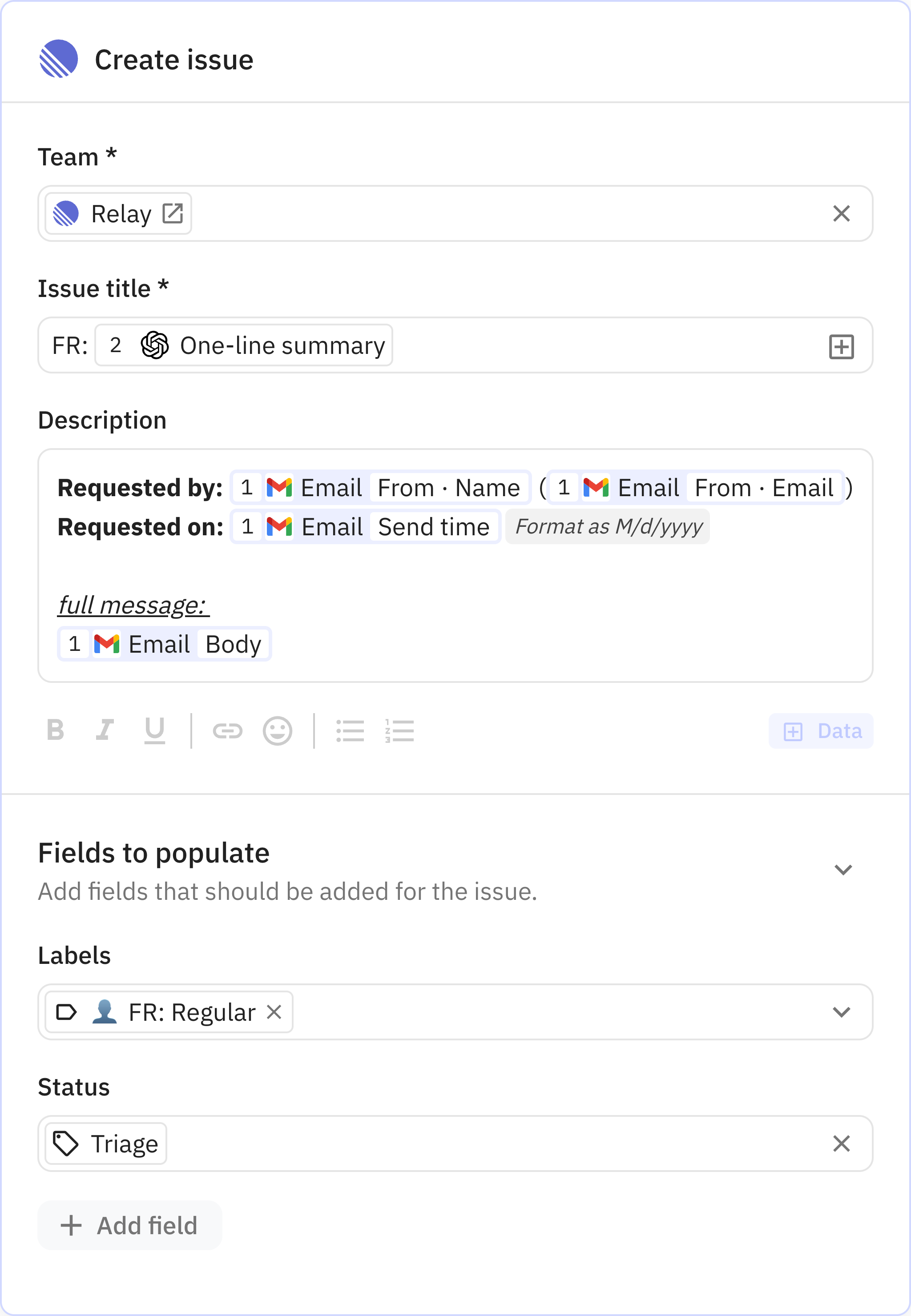 Relay.app screenshot of: Step 3: Create issue