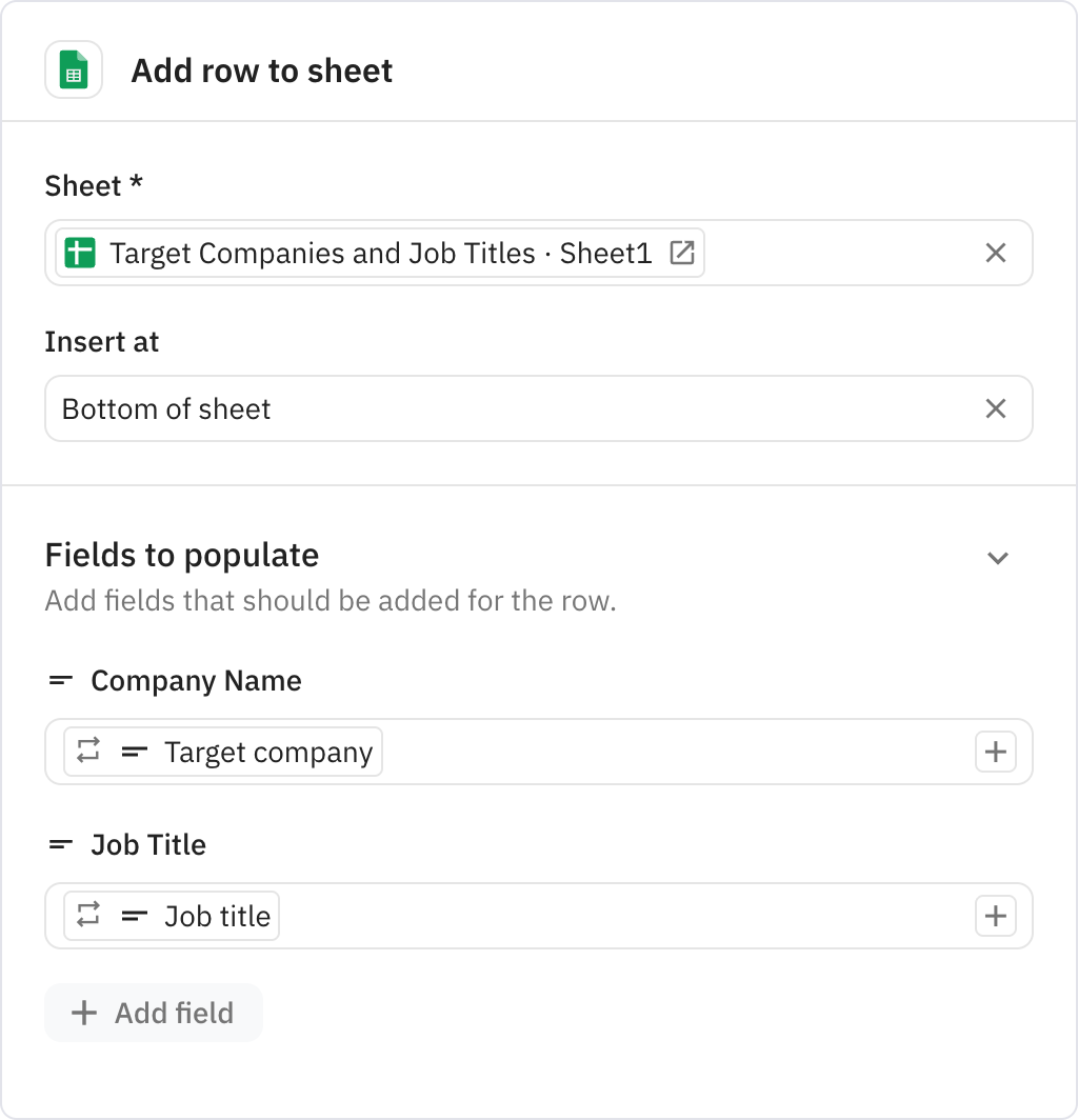 Relay.app screenshot of: Add row to sheet