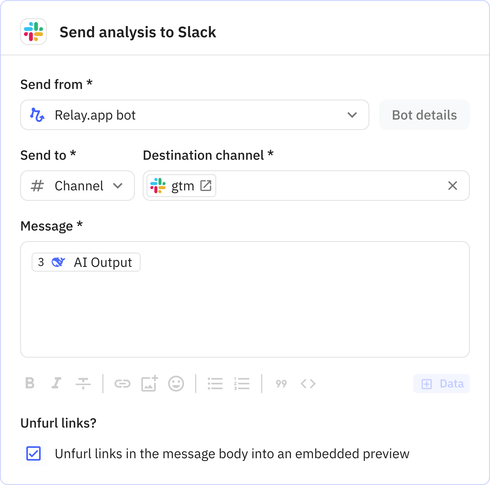 Relay.app screenshot of: Step 4: Send analysis to Slack