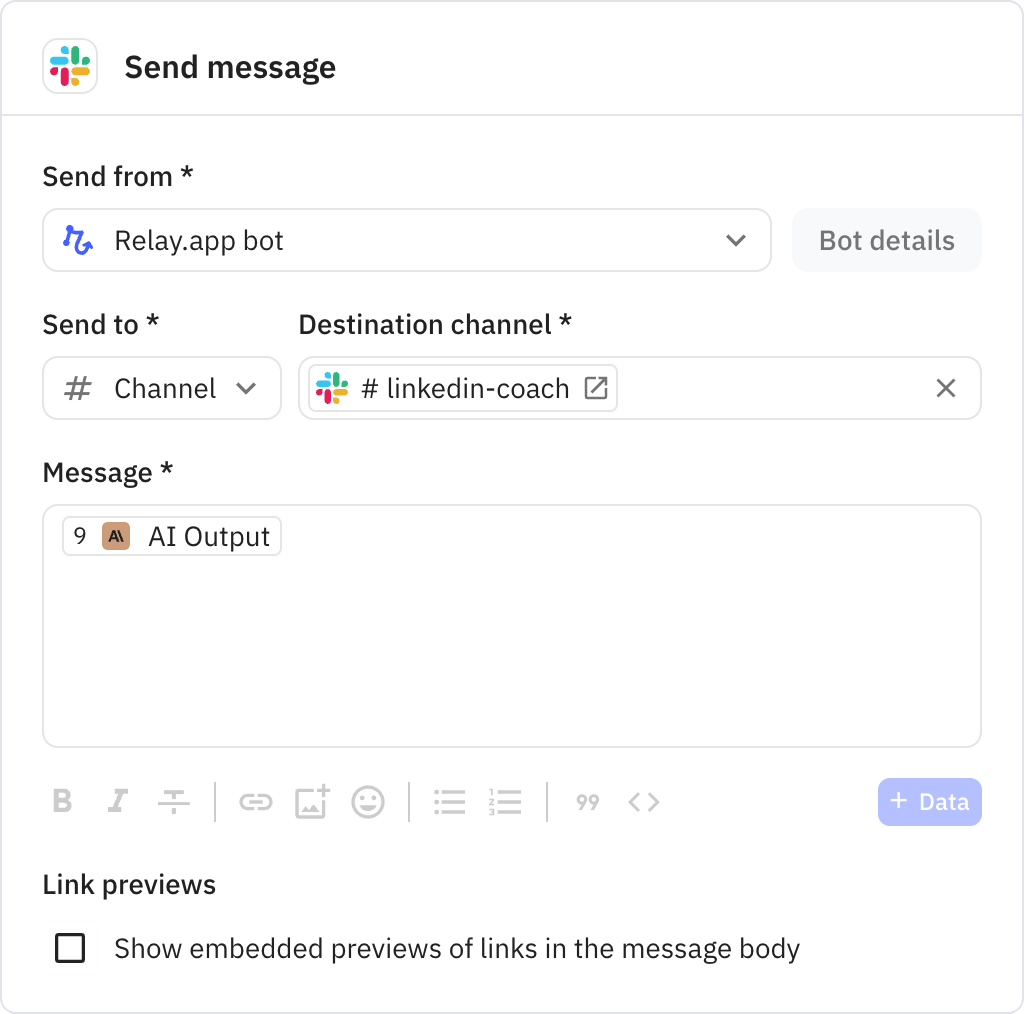 Relay.app screenshot of: Send message