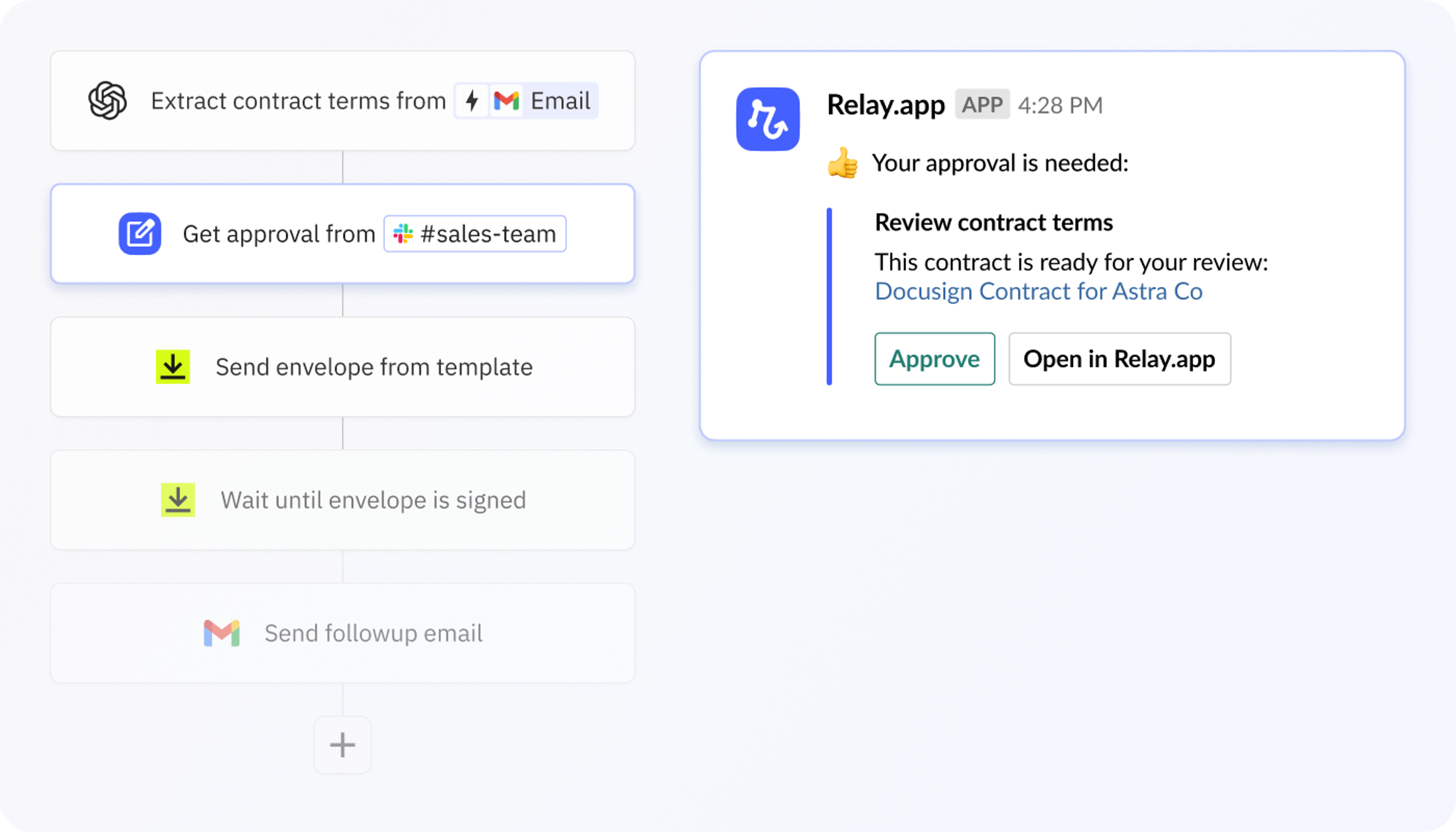 Screenshot showing a human-in-the-loop approval step for the output of an AI action in Relay.app