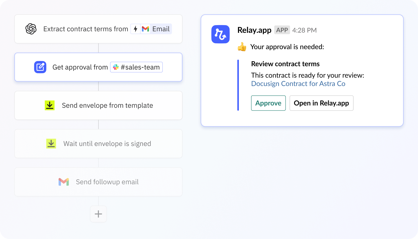 Screenshot showing a human-in-the-loop approval step for the output of an AI action in Relay.app