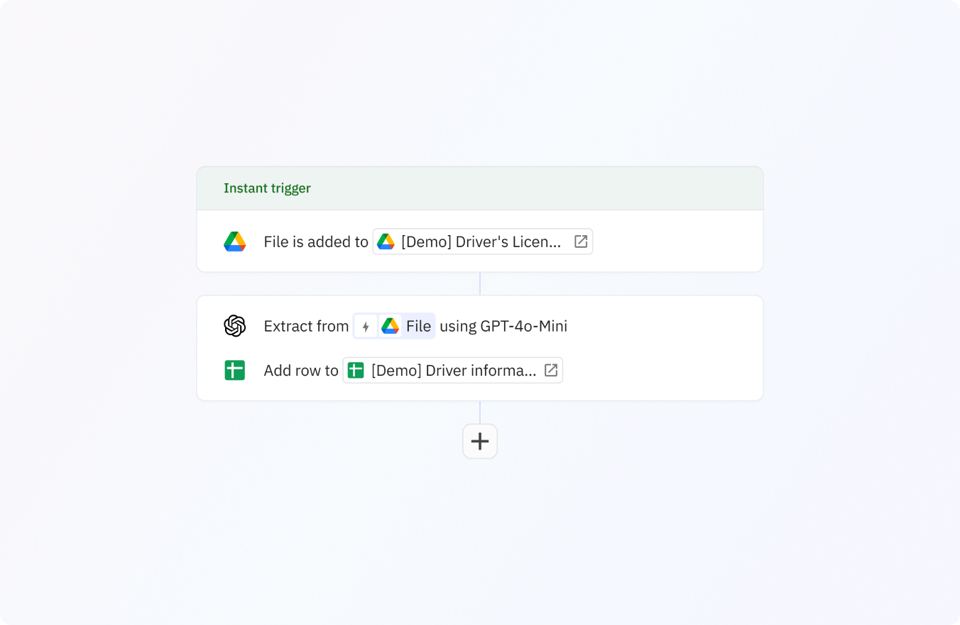 Trigger a new workflow when a new file has been added to a folder in Google Drive.