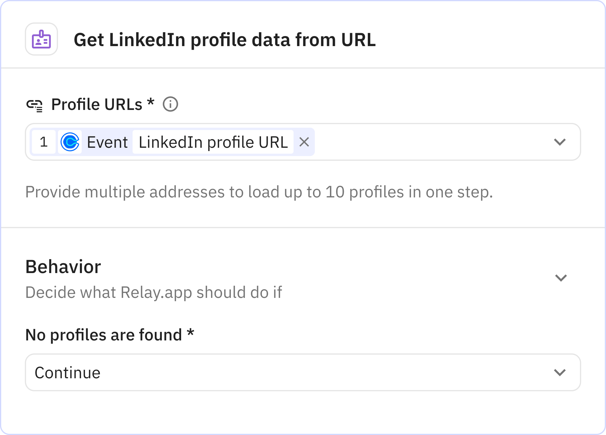 Relay.app screenshot of: Get LinkedIn profile data from URL