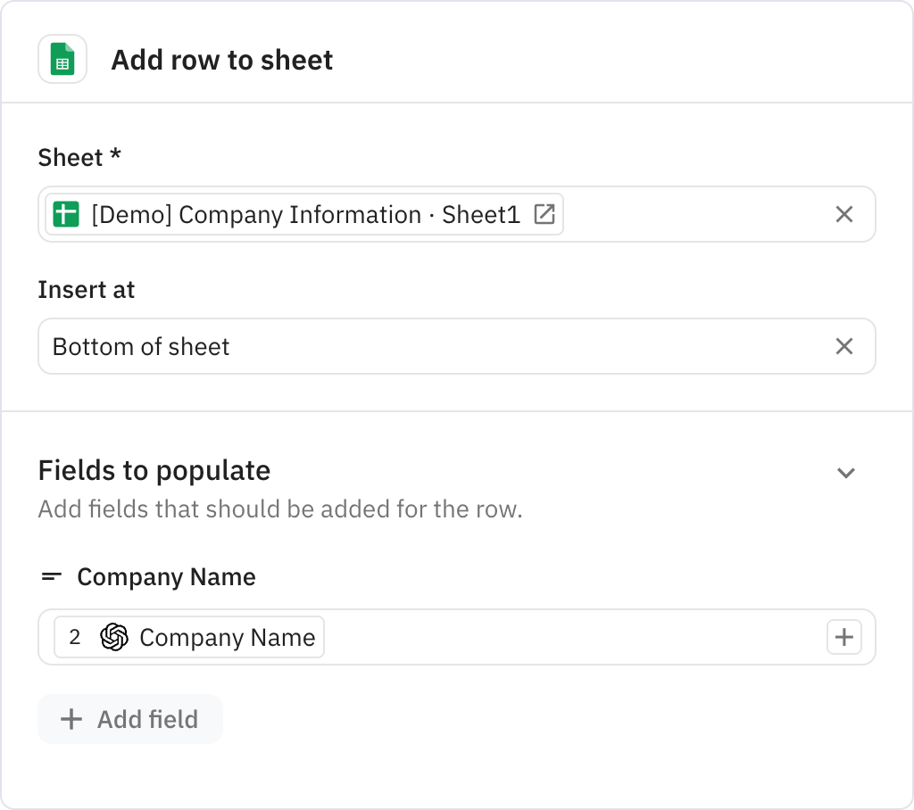 Relay.app screenshot of: Add row to sheet