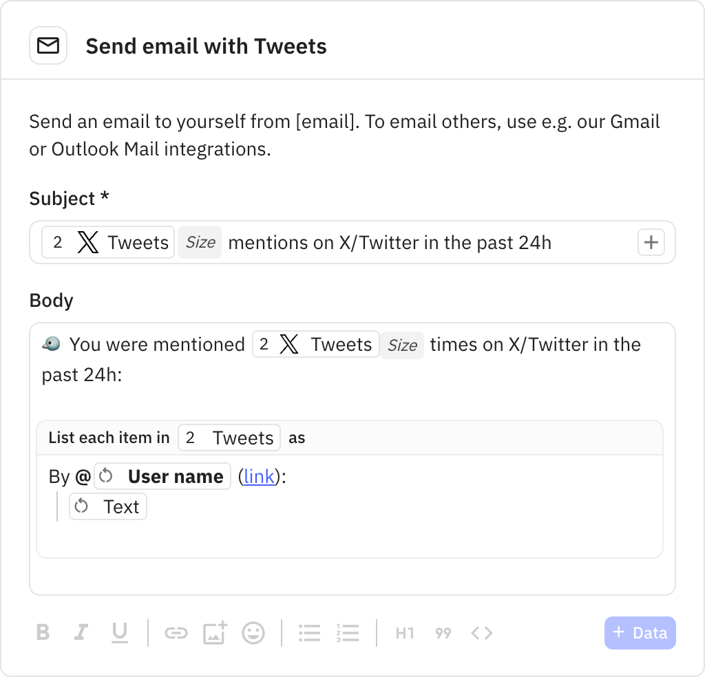 Relay.app screenshot of: Send email with Tweets