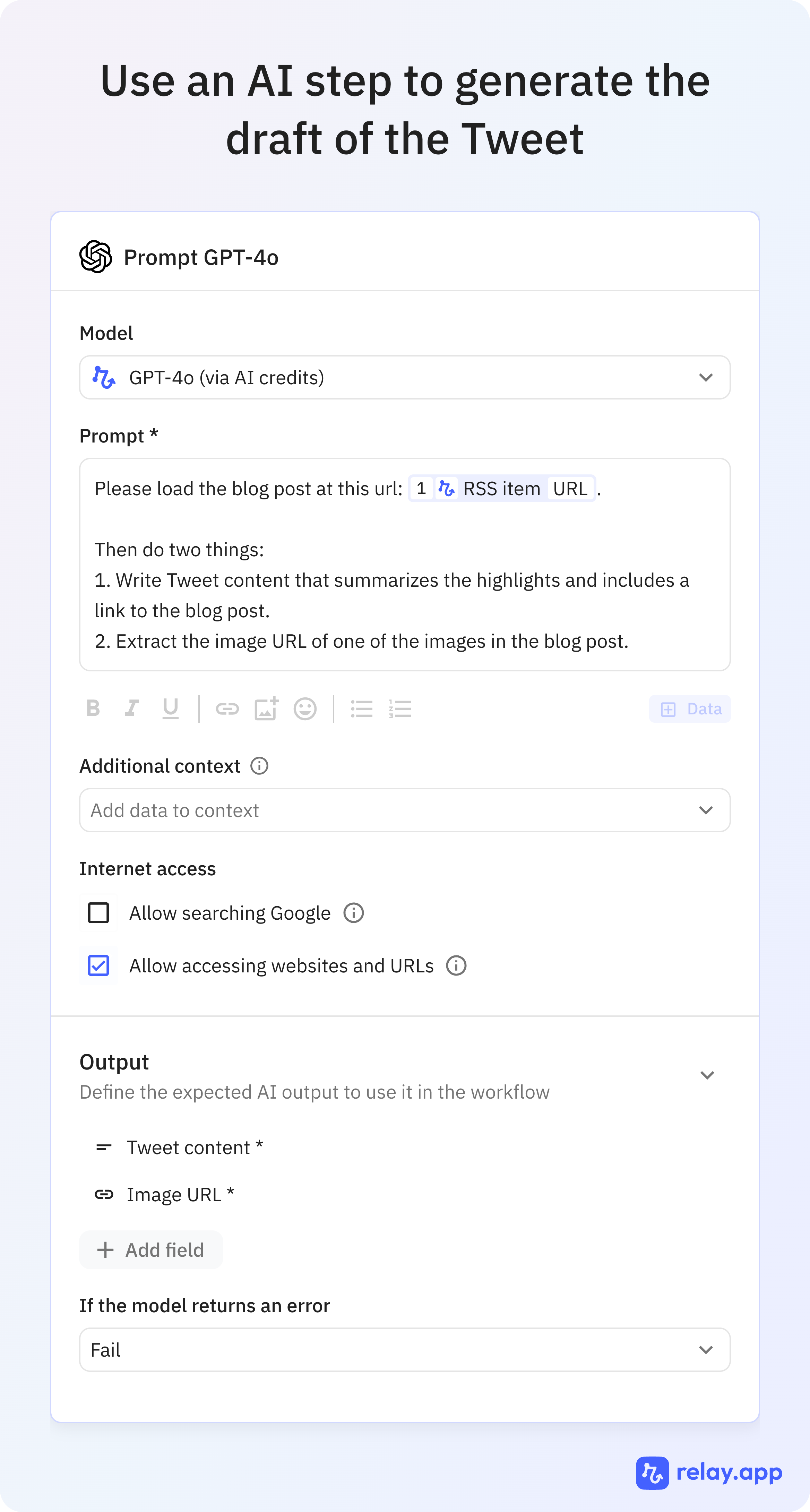 Example AI step to generate a Tweet