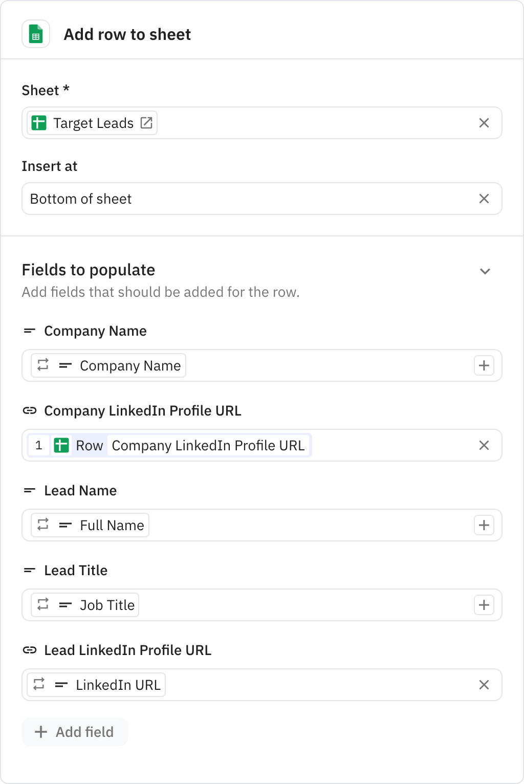Relay.app screenshot of: Add row to sheet