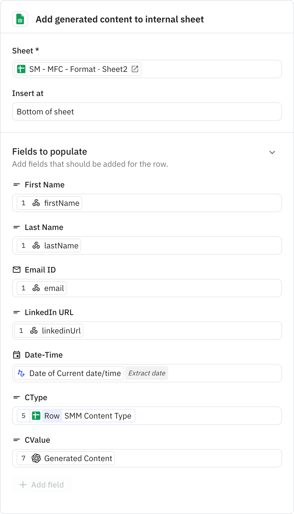 Relay.app screenshot of: Add generated content to internal sheet