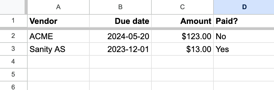 An example invoice tracking spreadsheet