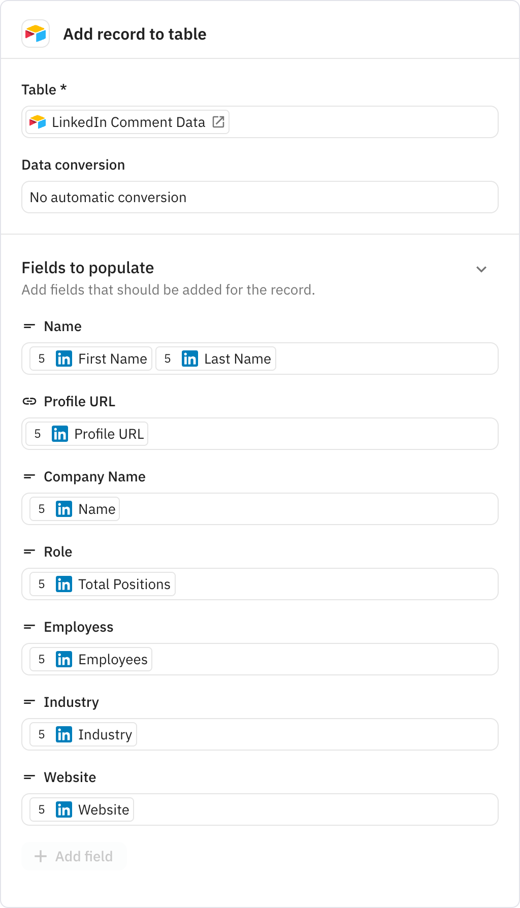 Relay.app screenshot of: Add record to table