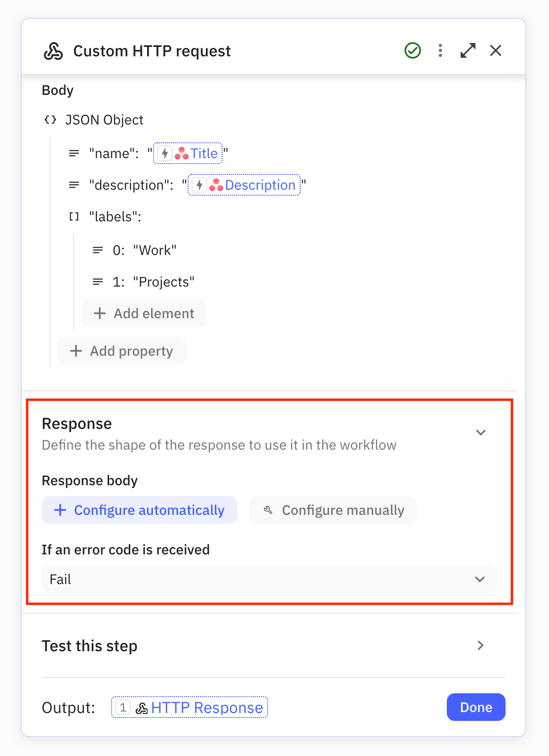 After configuring the payload, a section appears to configure the response structure