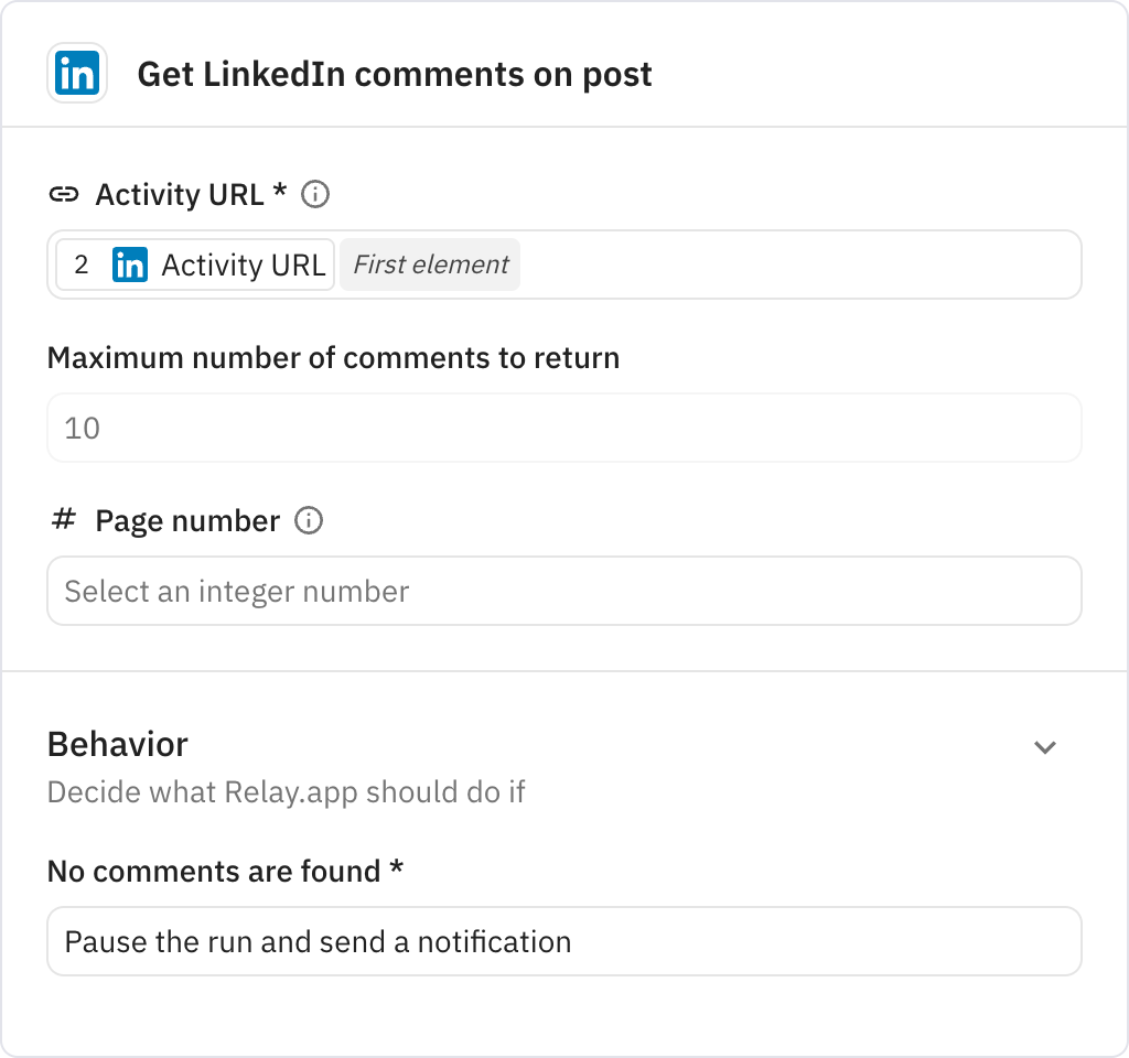 Relay.app screenshot of: Get LinkedIn comments on post