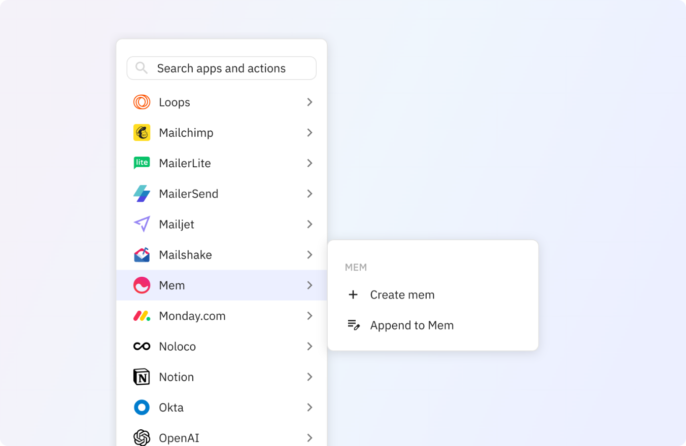 Use any of these Mem actions in your Relay.app workflows.