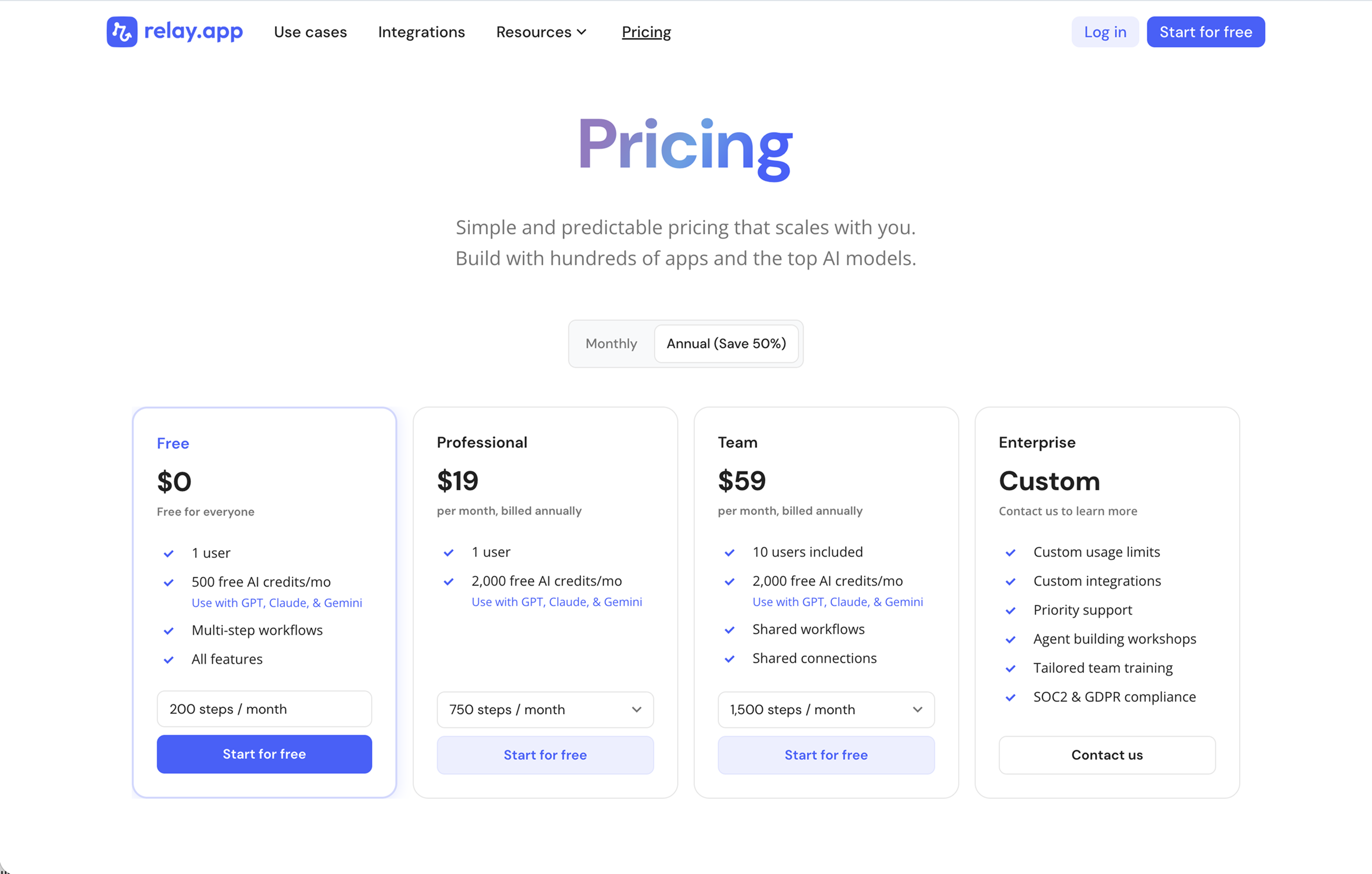 Relay.app pricing page