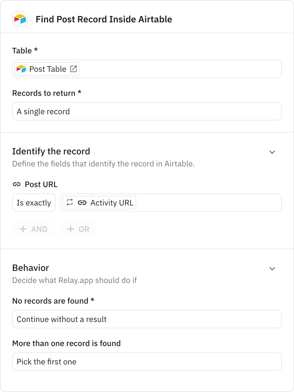 Relay.app screenshot of: Find Post Record Inside Airtable