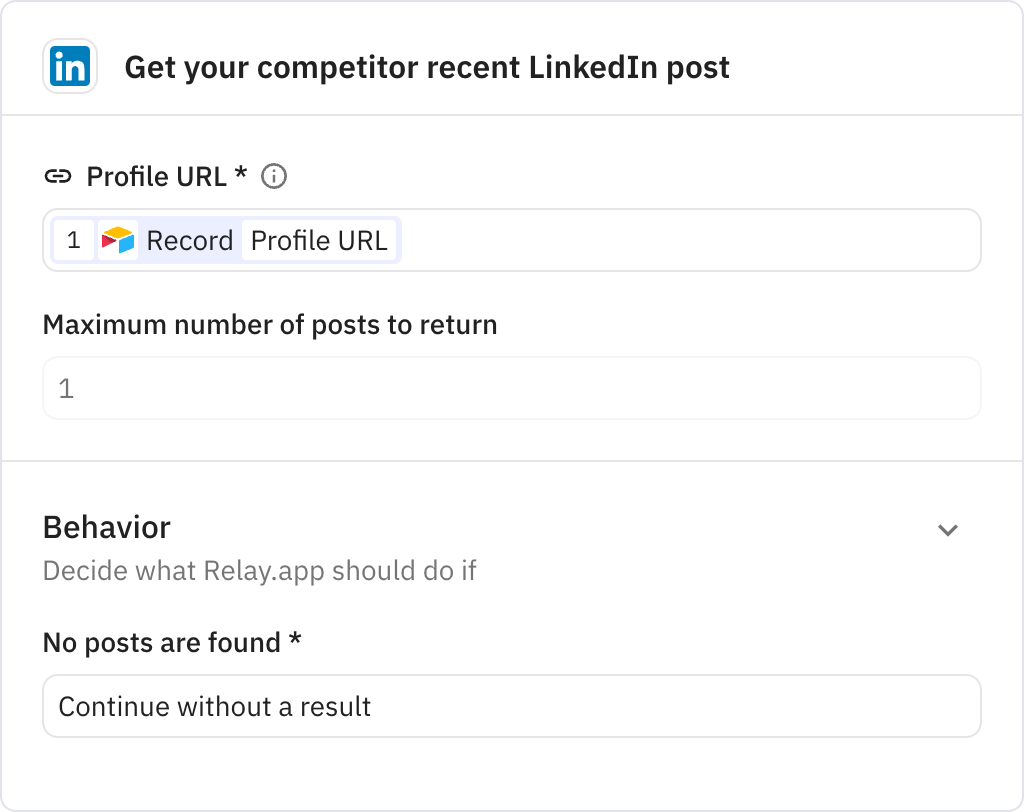 Relay.app screenshot of: Get your competitor recent LinkedIn post