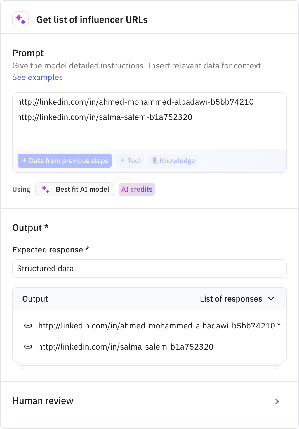 Relay.app screenshot of: Get list of influencer URLs