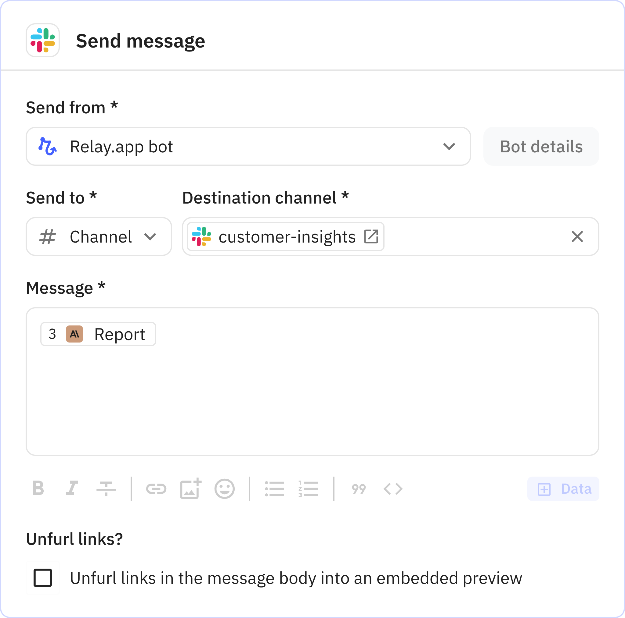 Relay.app screenshot of: Send message