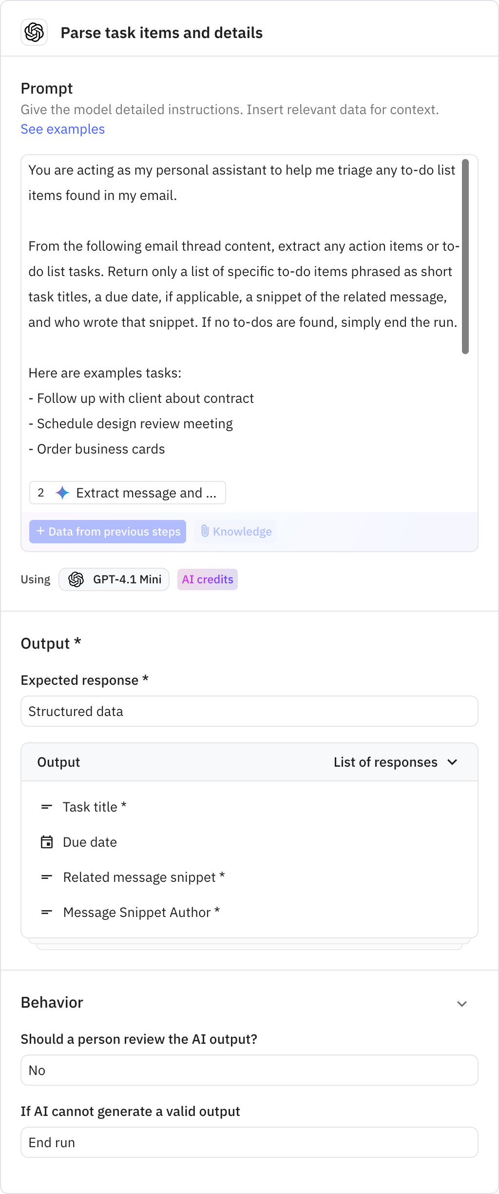 Relay.app screenshot of: Parse task items and details