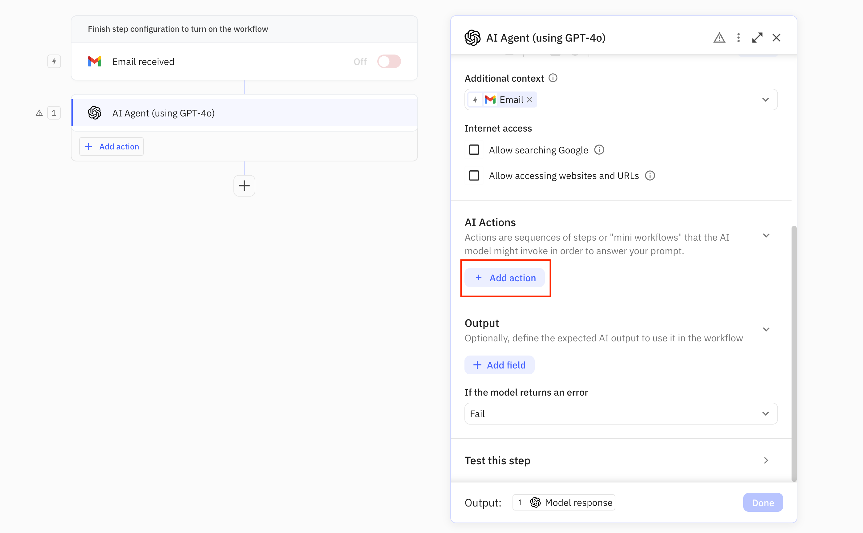 Add Actions by clicking the Add Action button