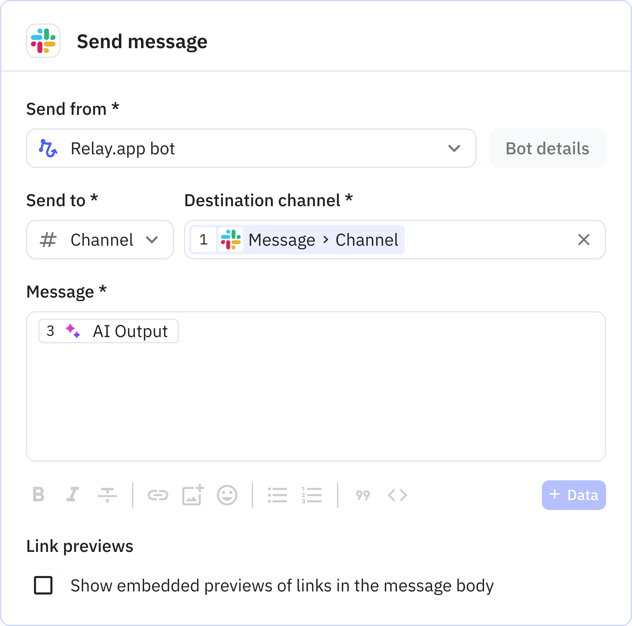 Relay.app screenshot of: Send message