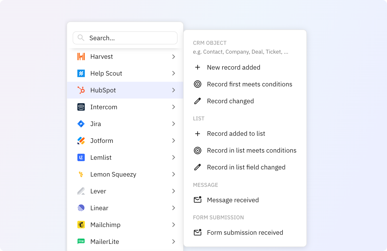 Preview of Use Relay.app's HubSpot integrations to trigger actions across your apps