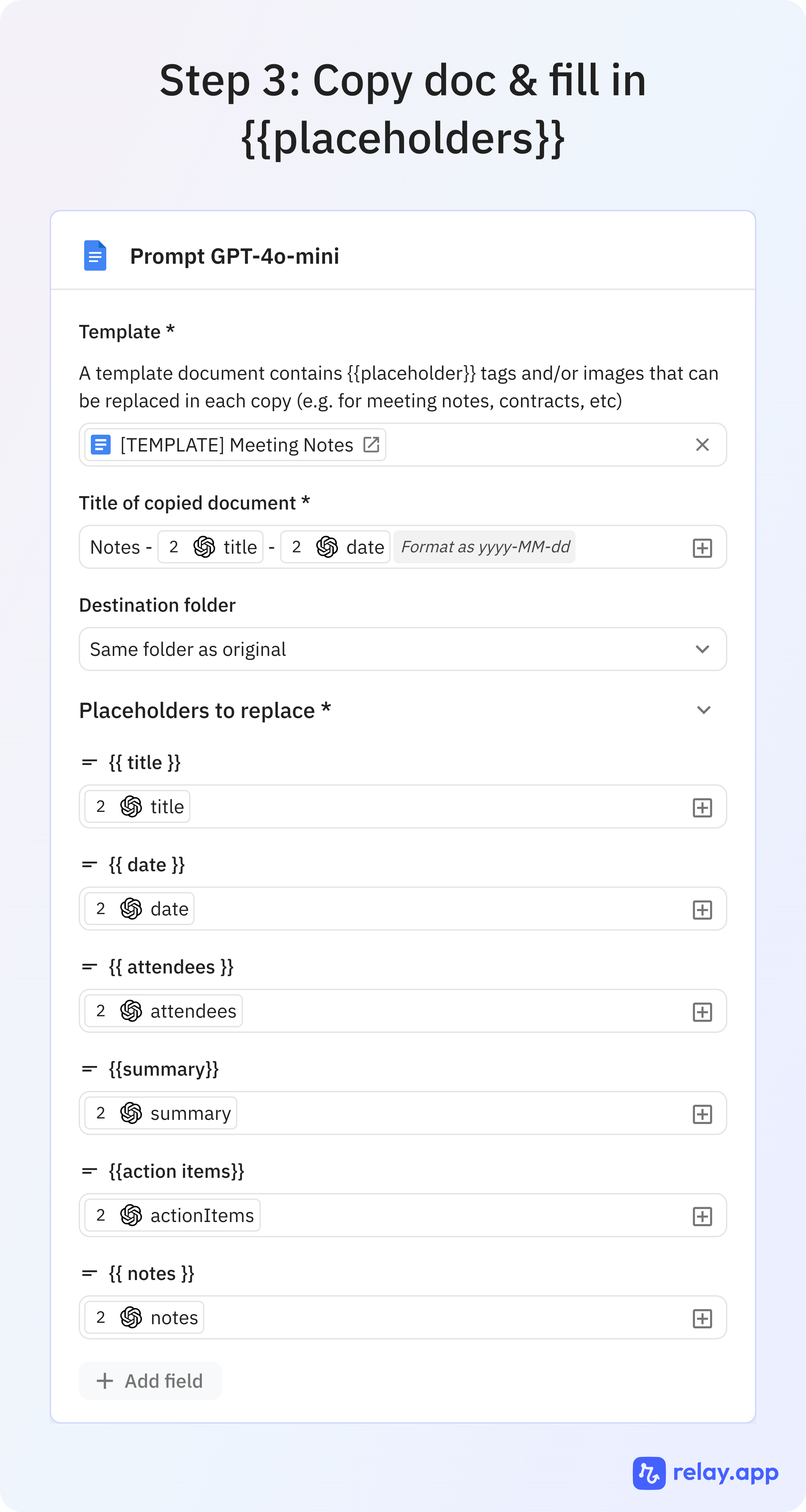 Creating a new Google Doc with the placeholders filled in by AI.