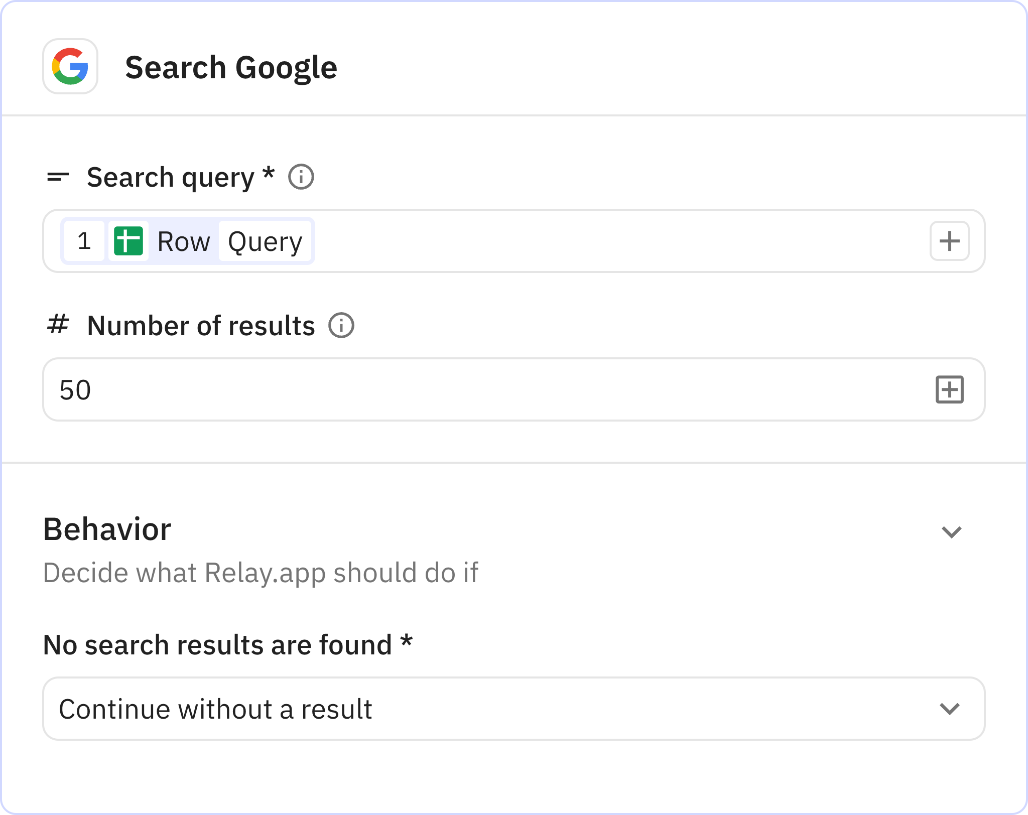 Relay.app screenshot of: Search Google