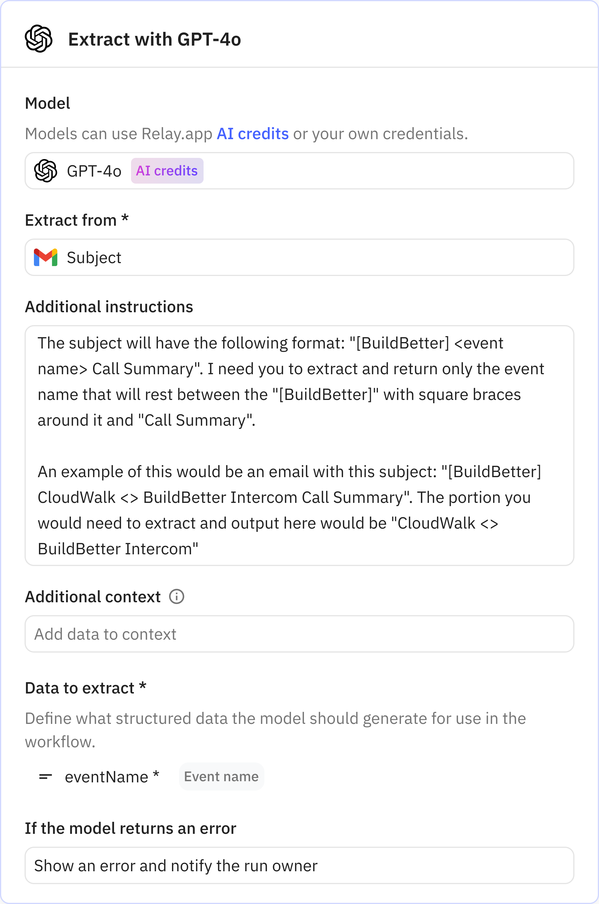 Relay.app screenshot of: Extract with GPT-4o